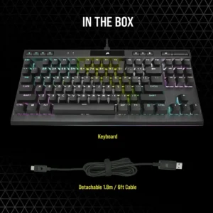 Contents of the Corsair K70 RGB TKL box including keyboard and braided USB-C cable.