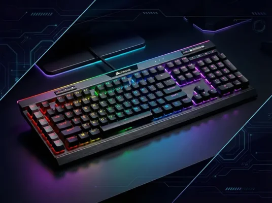 Corsair K95 RGB Platinum mechanical gaming keyboard featuring dedicated macro keys and multi-color RGB light strip.