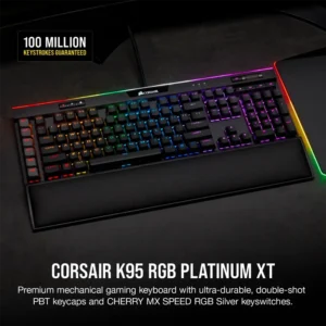 Angled view of the Corsair K95 RGB Platinum XT mechanical keyboard showing the textured PBT keycaps.