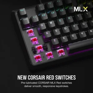 Exposed pre-lubricated Corsair MLX Red linear mechanical switches on a K70 Core keyboard.