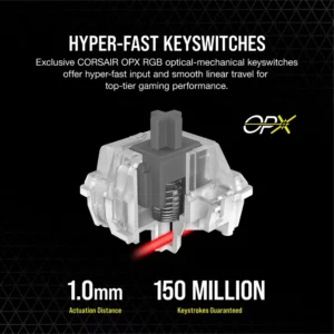Internal view of a CORSAIR OPX RGB optical-mechanical keyswitch with 1.0mm actuation.