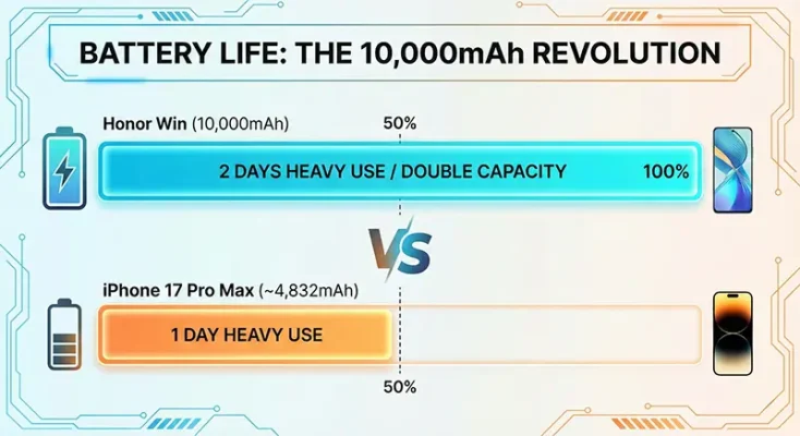 Battery capacity bar chart comparing Honor Win 10,000mAh silicon-carbon battery against iPhone 17 Pro Max 4,832mAh battery.