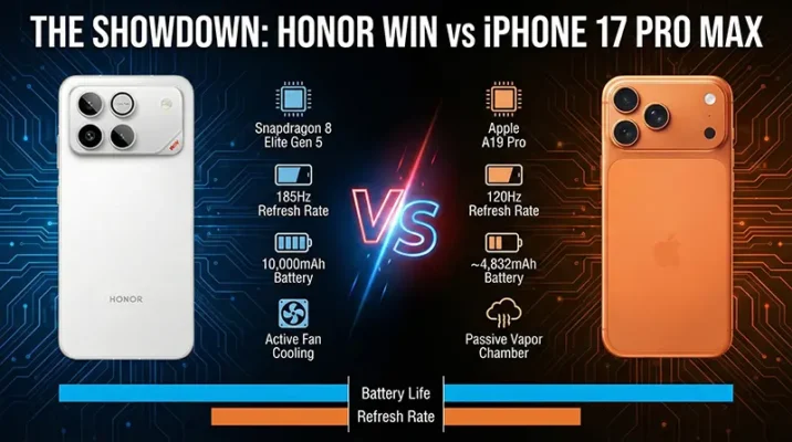 Split screen camera sample comparison showing iPhone 17 Pro Max 5x zoom sharpness versus Honor Win 3x optical zoom.