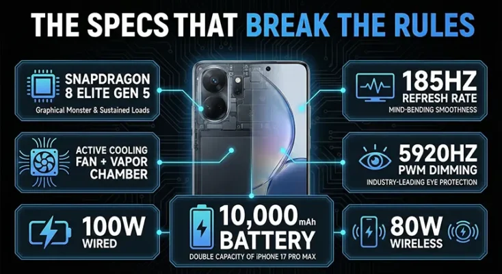 Infographic displaying Honor Win specs including Snapdragon 8 Elite Gen 5 processor, 185Hz refresh rate, and 100W wired charging.