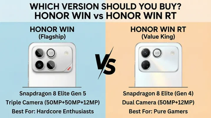 Back view comparison of Honor Win Flagship with triple cameras versus Honor Win RT Performance Edition with dual cameras.
