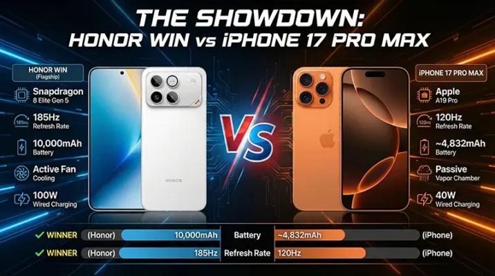 Honor Win flagship smartphone versus iPhone 17 Pro Max side-by-side comparison showing design, active cooling fan, and 10,000mAh battery specs.