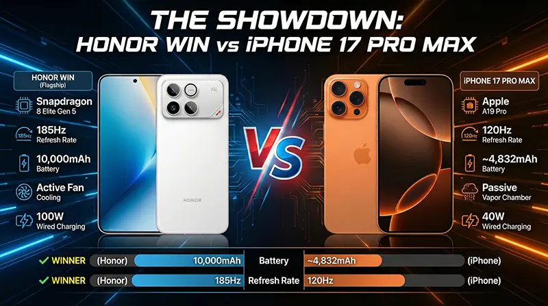 Honor Win flagship smartphone versus iPhone 17 Pro Max side-by-side comparison showing design, active cooling fan, and 10,000mAh battery specs.