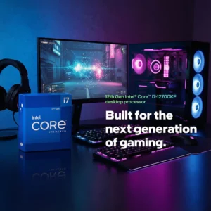 Full gaming desktop setup with RGB lighting and the Intel Core i7-12700KF retail box.