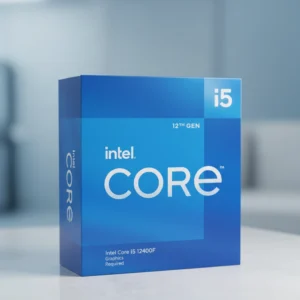 Intel Core i5-12400F retail box alongside the physical LGA 1700 CPU chip.