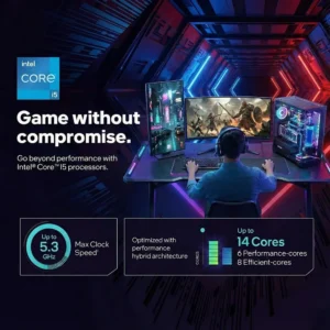 Infographic of Intel Core i5-14600K featuring 5.3 GHz clock speed and 14 cores for gaming.