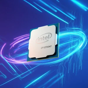 Intel Core i7-12700KF processor chip with neon blue and purple light trails.