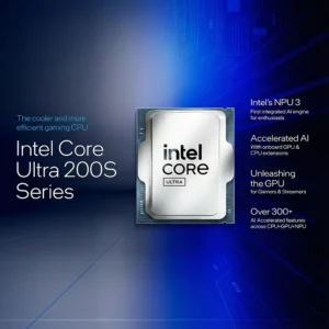 Infographic showing Intel Core Ultra 200S Series features including NPU 3 and Accelerated AI.