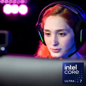 Focused creator at a computer with Intel Core Ultra 7 branding.