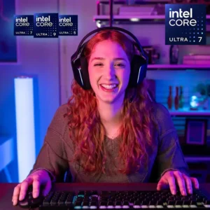 Female gamer using a PC powered by Intel Core Ultra 7 with RGB lighting.