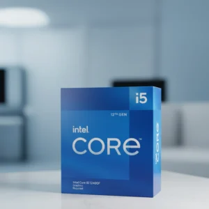 Three-quarter angle view of the Intel Core i5-12400F 12th Gen processor retail box.