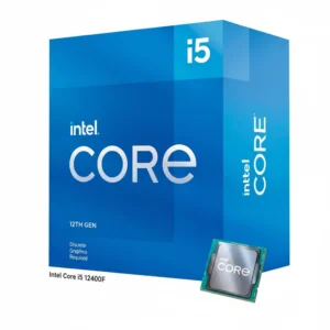 Detailed close-up of the Intel Core i5-12400F processor chip showing heat spreader and branding.