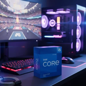 Intel Core i5-12400F processor box on a gaming desk with RGB PC and monitor.