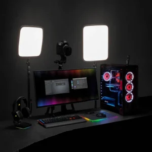 corsair k95 rgb platinum xt in professional streaming setup with elgato key lights