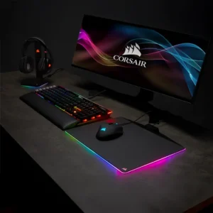 corsair k95 platinum rgb xt keyboard and mouse on dark gaming desk
