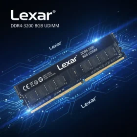 Lexar DDR4-3200 UDIMM 8GB desktop memory module on blue tech background