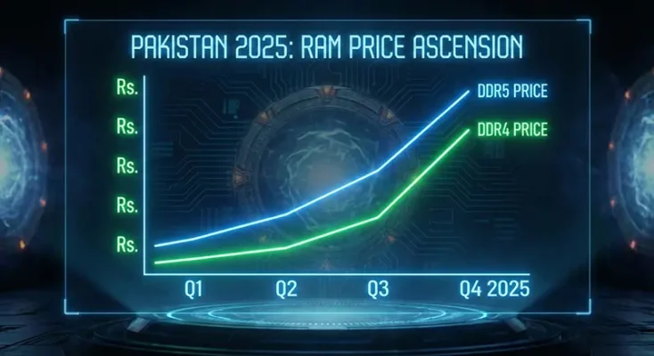 A line graph showing the steep price ascension of DDR4 and DDR5 RAM in Pakistan throughout 2025.