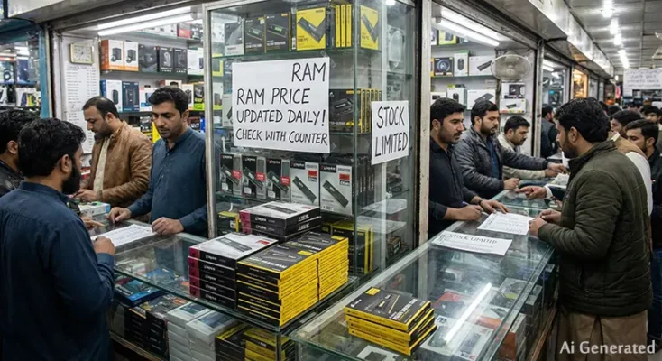 Customers and shopkeepers at a Pakistani computer market checking daily updated RAM prices.