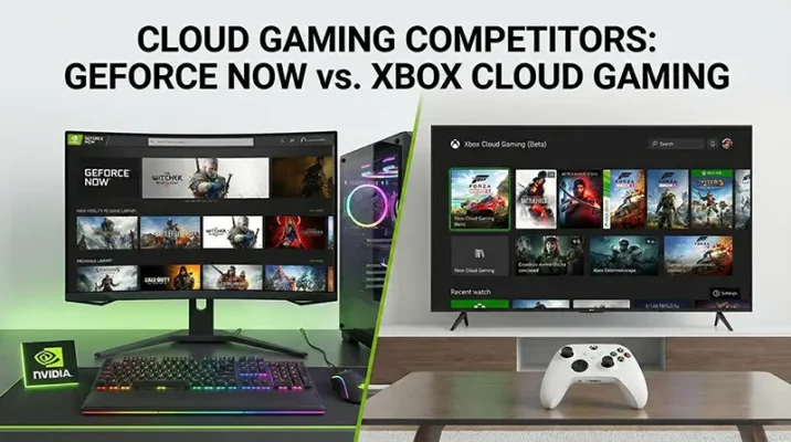 Side by side comparison of xbox cloud gaming interface and a high performance gaming pc running nvidia geforce now.