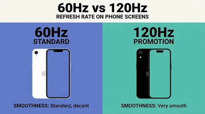 Comparison graphic showing blurry text on a 60Hz screen versus sharp text on a 120Hz ProMotion display.