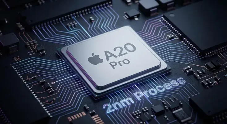 Close-up macro shot of the Apple A20 Pro chip glowing with blue light, emphasizing the 2nm architecture.