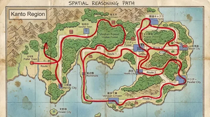 Top-down view of the Pokémon Blue Kanto map showing Agentic AI spatial navigation and long-term planning routes.
