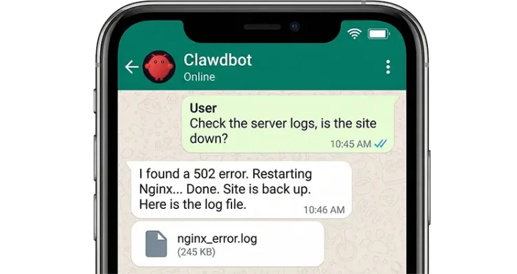 Claude AI agent fixing code and performing automation tasks via a WhatsApp chat interface on Smartphone.