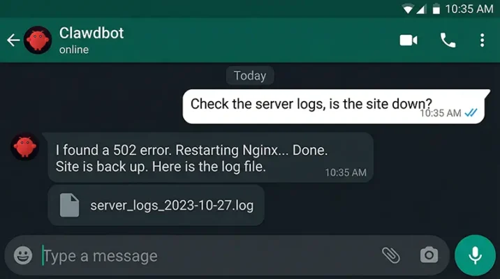 Screenshot of Claude AI agent fixing code and performing automation tasks via a WhatsApp chat interface.