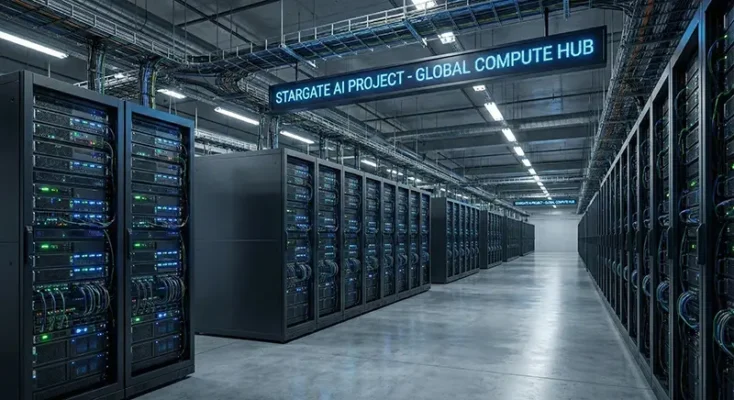 AI data center server room filled with rows of high-performance computing racks glowing with blue LED lights.