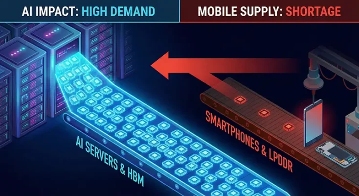 Illustration showing the AI impact on the supply chain, with memory chips diverted to AI servers causing a mobile memory shortage.