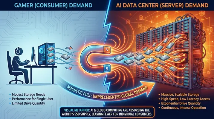AI impact on storage market showing Data Centers outbidding consumer PC build market