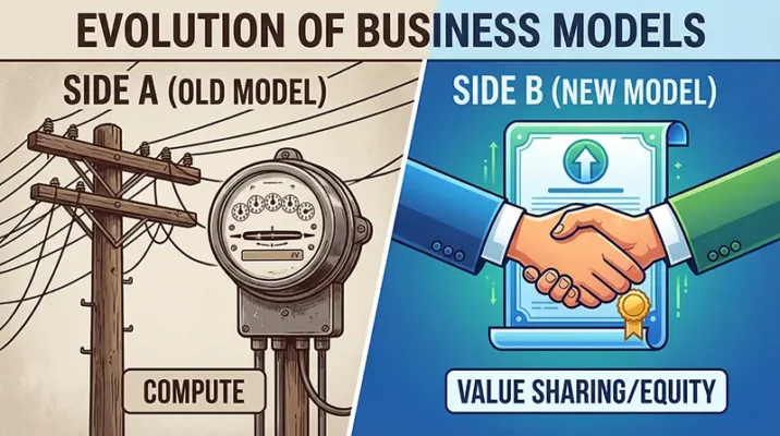 Split screen graphic comparing the old AI utility model of selling tokens versus the new equity sharing model.