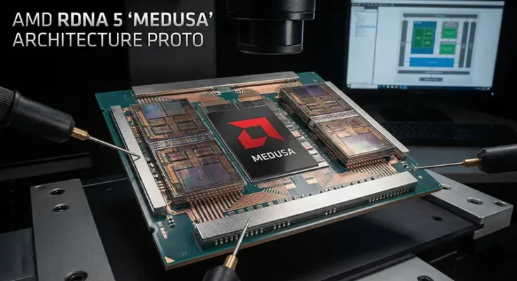 Detailed render of the AMD Medusa architecture chip layout, representing the next generation of Advanced Micro Devices graphics.