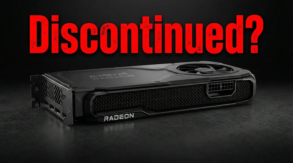 AMD Radeon RX 9070 graphics card with a red "Discontinued?" text overlay, symbolizing the budget GPU shortage in 2026.