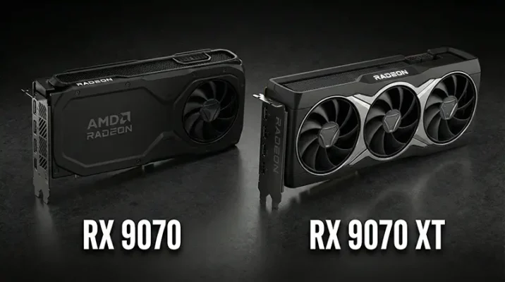 Side-by-side comparison of the AMD Radeon RX 9070 and RX 9070 XT graphics cards showing design differences.