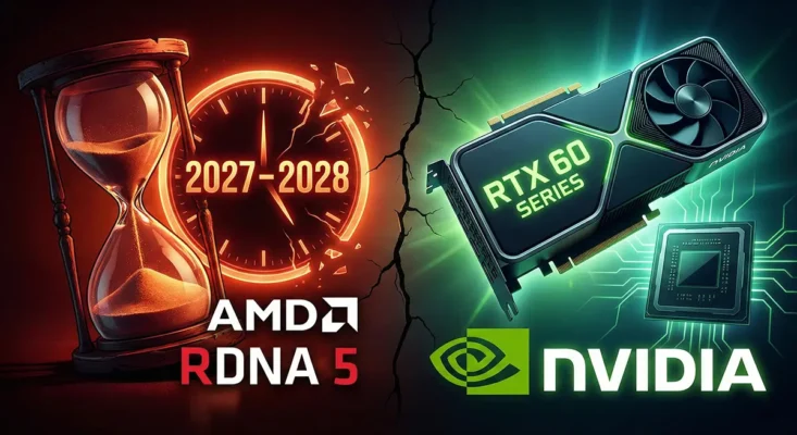 Concept art comparing the delayed AMD RDNA 5 Medusa architecture against the upcoming NVIDIA RTX 60 series graphics cards.