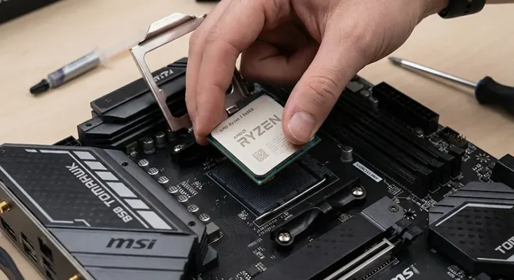 Box of an AMD Ryzen 5 5600X processor sitting on a desk next to an RTX 3060 box, representing the budget AM4 platform.