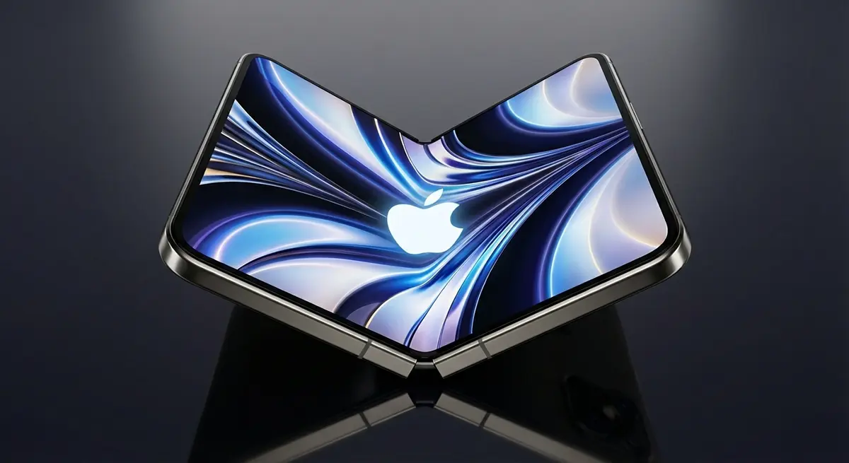 A sleek Apple Foldable iPhone 18 partially open in a V-shape with the Apple logo visible on the screen, reflecting on a dark surface.
