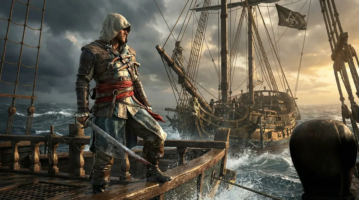 Assassin's Creed Black Flag Remake main character Edward Kenway standing on the Jackdaw ship.