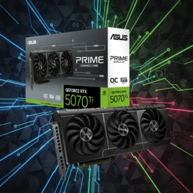 Main view of the ASUS Prime GeForce RTX 5070 Ti OC Edition 16GB GDDR7 graphics card and box, set against a digital gaming background.