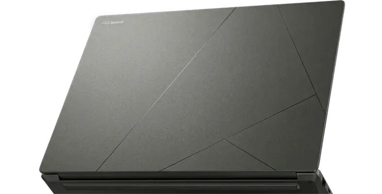 Close-up of the ASUS Zenbook S 14 lid featuring the unique Ceraluminum ceramic-aluminum hybrid texture.