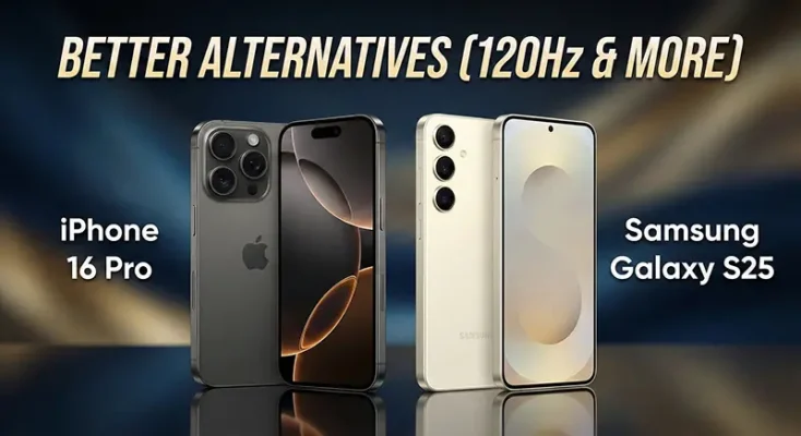 iPhone 16 Pro and Samsung Galaxy S25 displayed on a podium as better alternatives to the iPhone 17e.