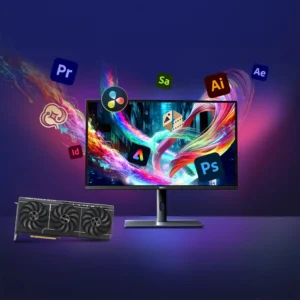 ASUS Prime RTX 5070 Ti graphics card placed next to a monitor displaying Adobe Creative Cloud icons.