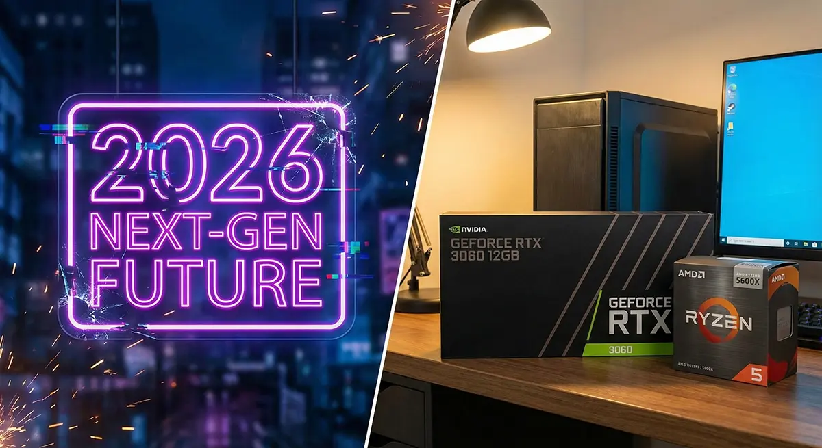 A split image showing a broken neon sign reading "2026 Next-Gen Future" on the left and a budget gaming PC setup with RTX 3060 and Ryzen 5000 boxes on the right.