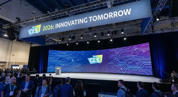 CES 2026 stage banner setting the scene for the official NVIDIA keynote and AI technology reveal.
