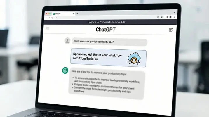 Mockup of a ChatGPT interface showing a sponsored ad and a price increase notification for ChatGPT Plus.
